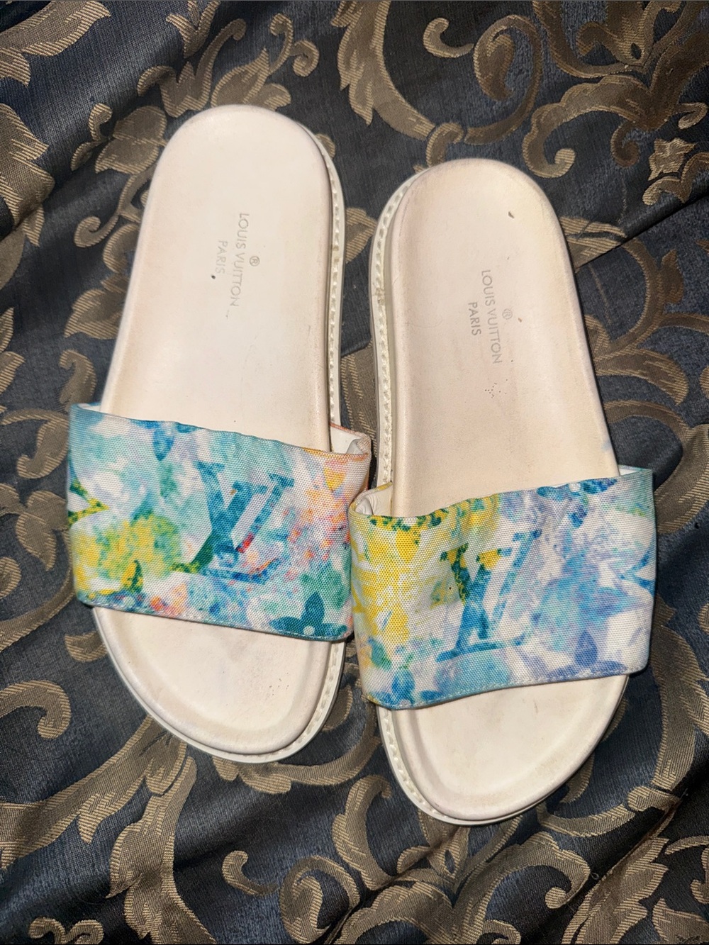 Designer Inspired Multicolor Watercolor Canvas Slide Sandals - White Base 39